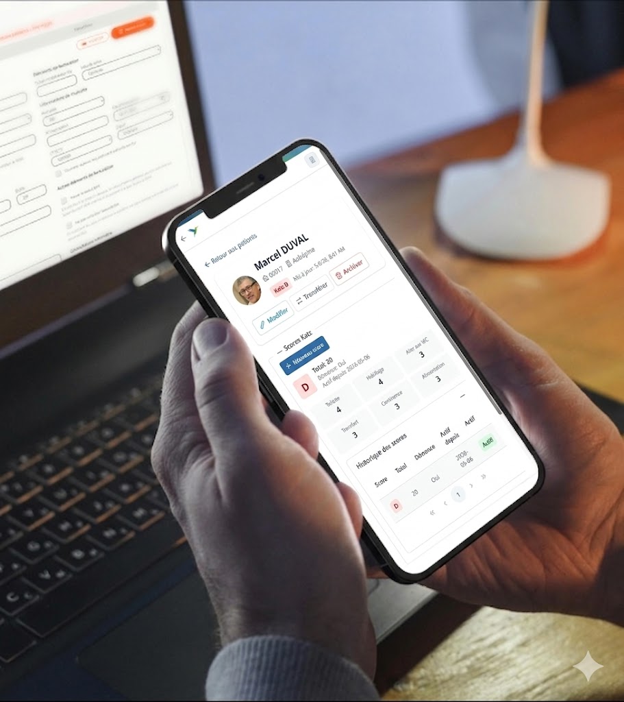 Smartphone affichant la fiche d'un résident avec ses scores Katz, tenu par un collaborateur. Un PC en arrière-plan affiche la même fiche.